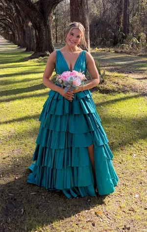 Teal Sherri Hill Ruffled Prom Dress thumbnail 1