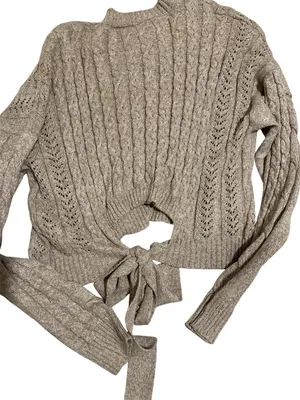 Windsor Cable Knit Sweater Open Back Tie Cropped Taupe Neutral Fall Top Medium thumbnail 4