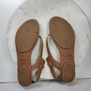 Tory Burch Minnie Leather Thong Sandals 9.5 Tan Gold Logo Medallion Flats Summer thumbnail 10