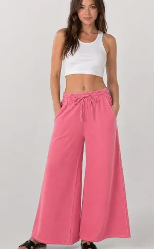 NEW Fuchsia Pink Cotton French Terry Pigment Dye Wide Leg Pants Large thumbnail 1