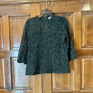 Ann Taylor LOFT Dark Green See Through Lace 3/4 Bell Sleeves Blouse‎ Size M thumbnail 2