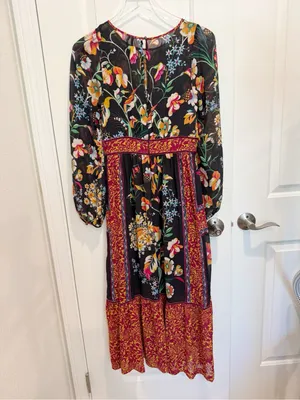 ANTHROPOLOGIE Adair Velvet Trimmed Midi Dress in Black Floral Pattern‎ size 0 thumbnail 6