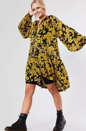 Free People Love Letter Tunic Mini Dress Women's Long Sleeve Yellow Size M thumbnail 1