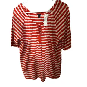 NWT Chic J. Crew linen blend red‎ white striped tassel tie blouse M thumbnail 3