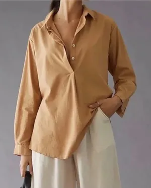 By Anthropologie Camel Button Up Blouse Top Oversized Boxy Size XXS thumbnail 1