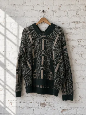 Free People Aztec Print Hoodie Sweater Moss Green Cream Oversized M thumbnail 2