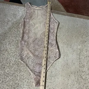 Sequin Festival Mesh Medallion Bodysuit Women M Gold Sheer Sleeveless thumbnail 2