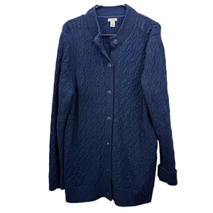 LL Bean Navy Blue Cable Knit Cotton Button Up Cardigan Sweater Size XL thumbnail 2