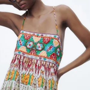 ZARA Geometric Print Straight Neck Strappy Embroidered Short Dress Size‎ Small thumbnail 8