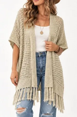 Torrid Sz 1X Cardigan Sweater Open Front Open Knit Fringe Oversized Boho Beige thumbnail 1