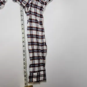 LOFT Autumn Plaid Blouse Softened Roll Tab Sleeve Crew Neck Cream Brown Rayon L thumbnail 8