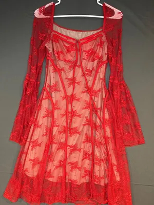 Women L Red Lace Corset Dress Bell Sleeve Y2K Romantic Goth Coquette Festival thumbnail 1