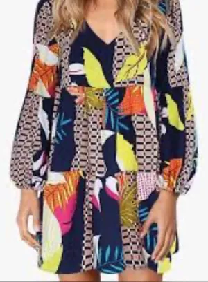 Boutique Vibrant Tiered Mini Dress Tropical Prints V Neck Flowy Medium thumbnail 2