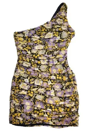 ZARA One Shoulder Floral Mini Dress‎ Size XS Metallic Ruched Multicolor NWT thumbnail 1