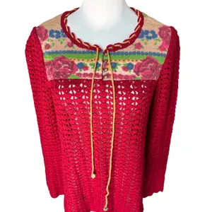 Free People Red Crochet Wool Tunic Top Floral Quilted Yoke Sz M Cottagecore Boho thumbnail 2