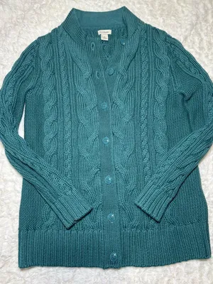 L.L. Bean Teal Cable-Knit Button Cardigan thumbnail 1