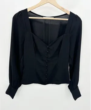 Abercrombie‎ & Fitch Black Sweetheart Button Through Long Sleeve Blouse Small thumbnail 1