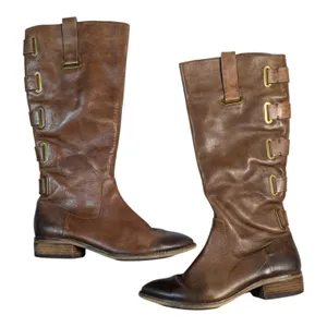 Arturo Chiang Cognac Brown Leather Strap Accent Knee High Flat Riding Boots Sz 7 thumbnail 1