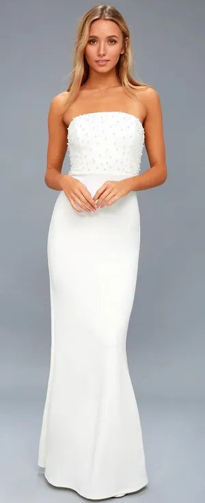 Lulus White Pearl Strapless Maxi Dress Mermaid Gown Bridal Event NWT Size M thumbnail 1