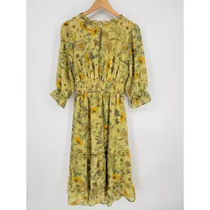 Floral Romantic Prairie Midi Maxi Dress Yellow Green Botanical Ruffle Size Large thumbnail 3