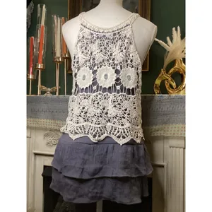 Entro Women Blue Tiered Ruffle Crochet Lace Halter Top T4462 Large thumbnail 4
