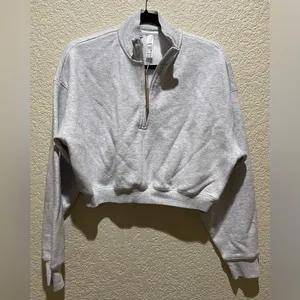 SKIMS NWT Cotton Fleece Cropped Half Zip Pullover Sweatshirt Light Gray Size XL thumbnail 5