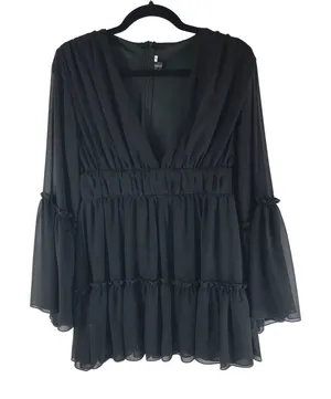 Miss Ord Black Tiered Ruffle Sheer Bell Sleeve Chiffon Top Tunic Zipper Back M thumbnail 1