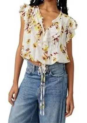 Free People Blouse Womens Small White Floral FP‎ One Adella Ruffle Boho Top thumbnail 1