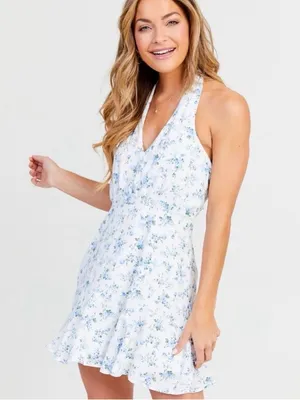 Altar’d State White‎ and Blue Floral Mini Dress Halter Neck thumbnail 9