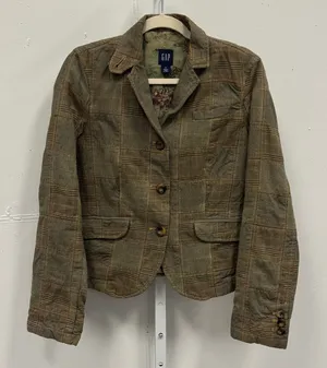 Y2K Gap Women's Brown Patchwork Plaid Herringbone Blazer Jacket Size 6 Earthtone thumbnail 1