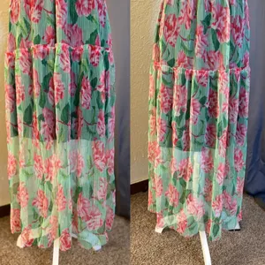 Lapis Womens‎ Floral Pleated Mesh Maxi Dress Pink Green Smocked Waist Medium thumbnail 5