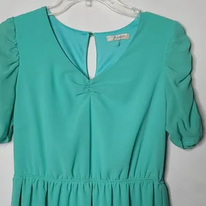 NWOT Freebird sheer poof sleeve vneck green dress sz Sm thumbnail 5
