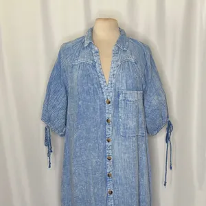 FREE PEOPLE Maya Midi Dress Blue Button Front Washed Look Bohemian Medium thumbnail 3