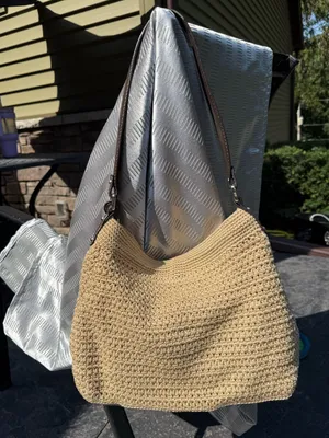 The Sak Crocheted Shoulder/ Hobo Bag, Tan/Khaki, Brown Leather Trim thumbnail 3