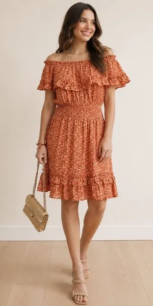 Kori America Orange Ditsy Floral‎ Smocked Off The Shoulder Mini Dress Size Med thumbnail 1
