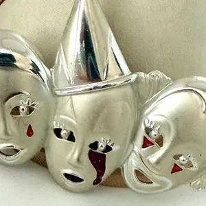 Vintage Silver Tone Triple Clown Theater Mask Enamel Brooch thumbnail 3