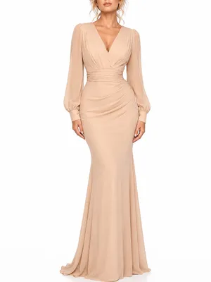 Faeriesty Champagne Ruched V Neck Long Sleeve Mermaid Formal Gown Size XL thumbnail 2