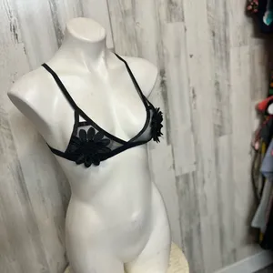 BWB Black Strappy Bralette Small Floral Applique Sheer Mesh Harness Top Festival thumbnail 3