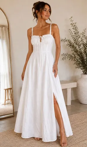 Haute Monde Maxi Dress Womens L White Corset Lace Up Back Slit Boho Bridal thumbnail 1
