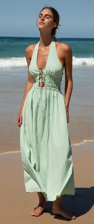 Berlook Light Green Cutout Halter Maxi Beach Dress thumbnail 1