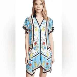 Alice + Olivia Blue Conner Floral-Print Handkerchief Button Shirtdress, XS thumbnail 10