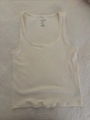 American Eagle Outfitters Cream Ribbed Scoop Neck Tank thumbnail 1
