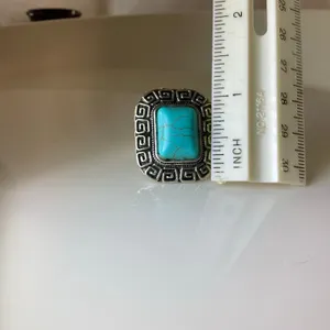 Silver Rectangle Turquoise Stone Adjustable Ring thumbnail 6