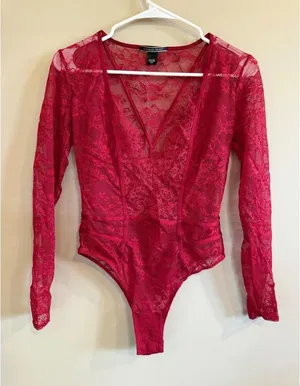 Victorias‎ Secret Red Lace Long Sleeve Plunging V Neck Bodysuit S P thumbnail 1