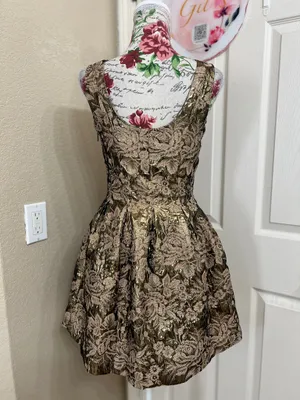 Soieblu Gold Metallic Floral Fit-and-Flare Dress size S thumbnail 3