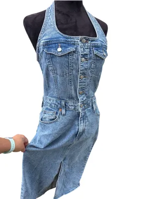 Universal Threads Denim Halter Midi Dress 90s Y2K Button Front Slit Pockets⁠ Sz 6 thumbnail 4