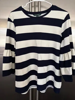 Lauren Ralph Lauren Striped Bell‎ Sleeve Top Nautical Casual XL thumbnail 1