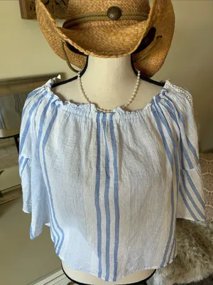Girl krazy 100% cotton off shoulder coastal Beach boho stripe white blue top M thumbnail 9