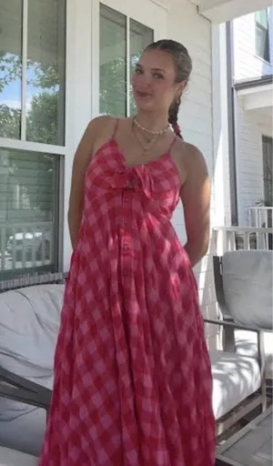 FREE PEOPLE Via Gingham Cotton Seersucker Sundress Red Combo Everly X-Small NWT thumbnail 1