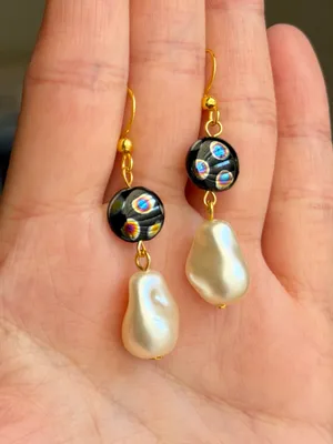 Handmade boho unique funky quality Czech glass beads & pearl dangle earrings🖤 thumbnail 3